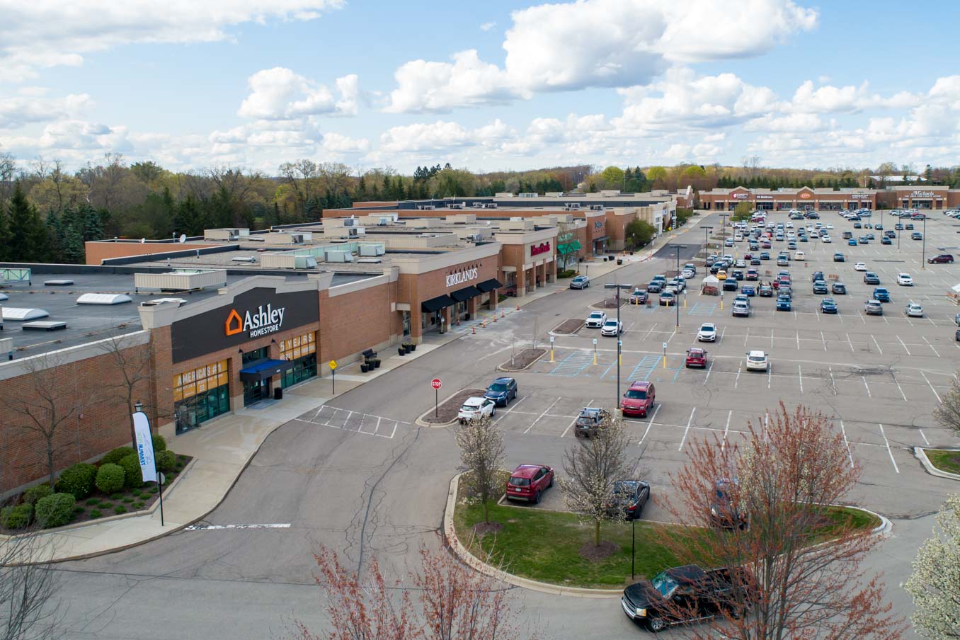 Baldwin Commons aerial photo showing Ashley Homestore, Kirkland's, and other stores