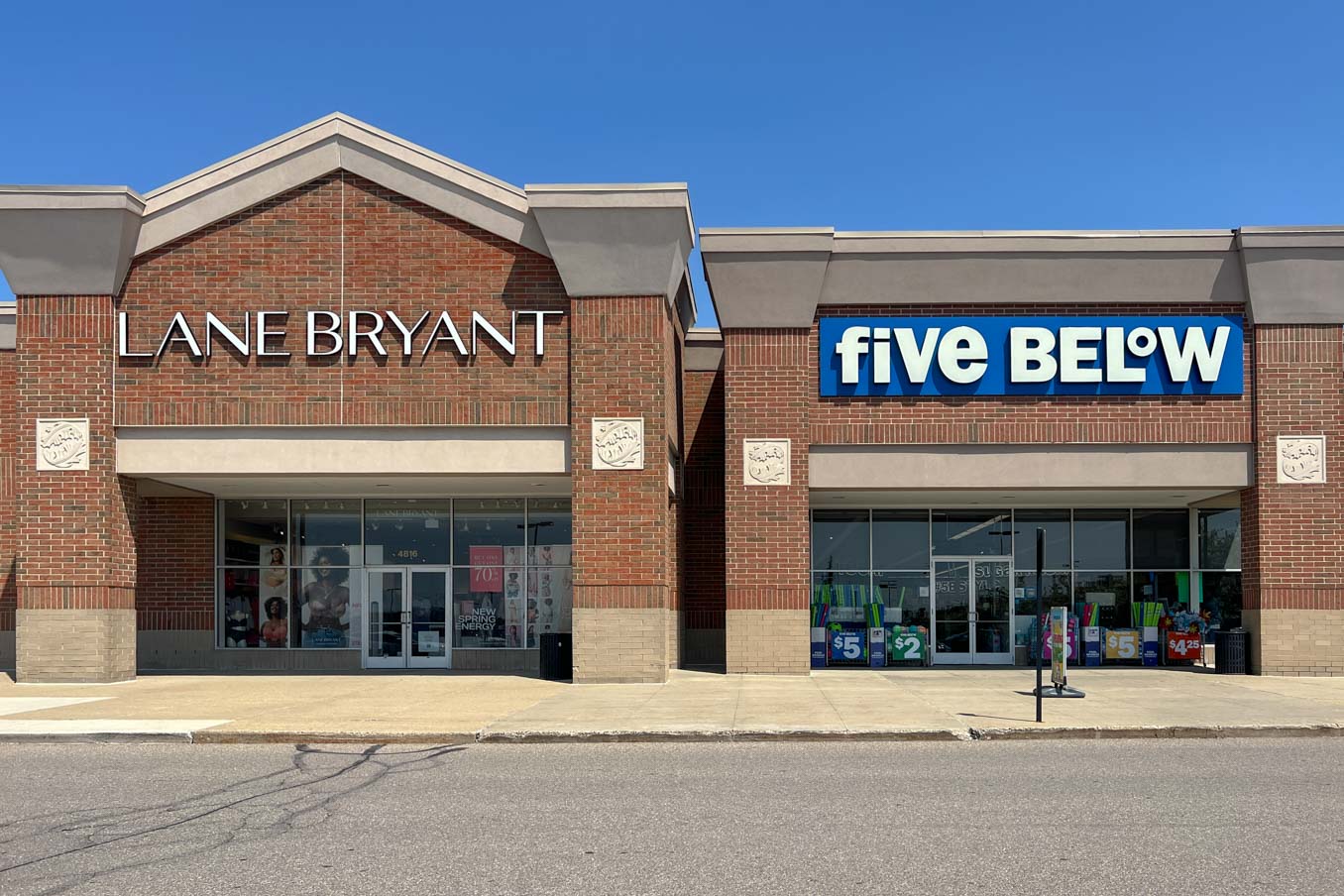 Lane Bryant and Five Below storefronts